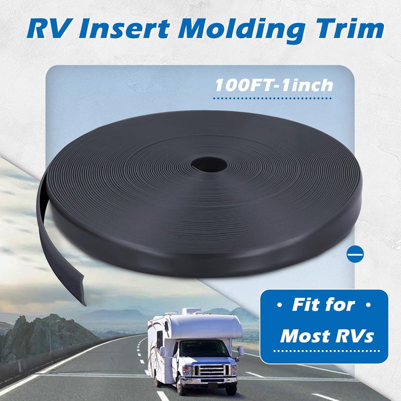 SoCiMa 1" RV Trim Molding Insert with Flat Metal End Caps, RV Screw Cover Trim, Vinyl RV Corner Molding, Weather Stripping Roof Gutter Trim Exterior for RV Camper Travel Trailer (Black, 100FT - 1" Wide) - Image 2